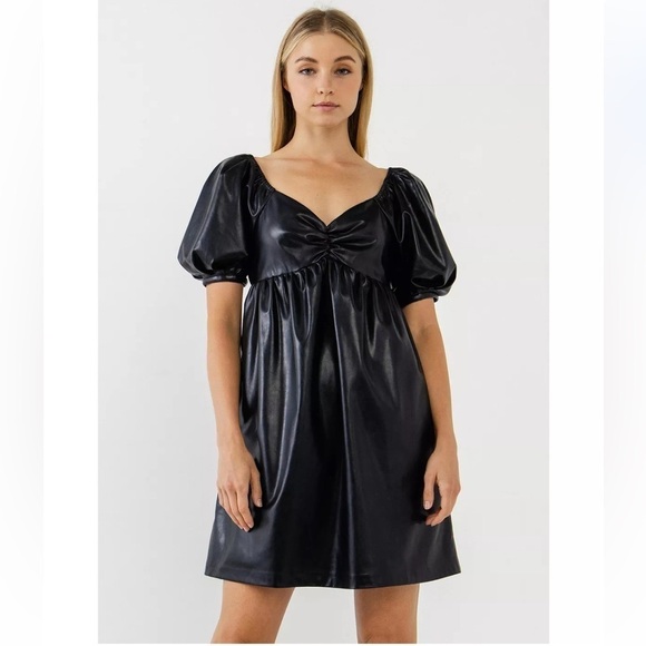 VEGAN LEATHER BABYDOLL MINI DRESS WITH POCKETS SIZE MEDIUM BLACK - Picture 4 of 11